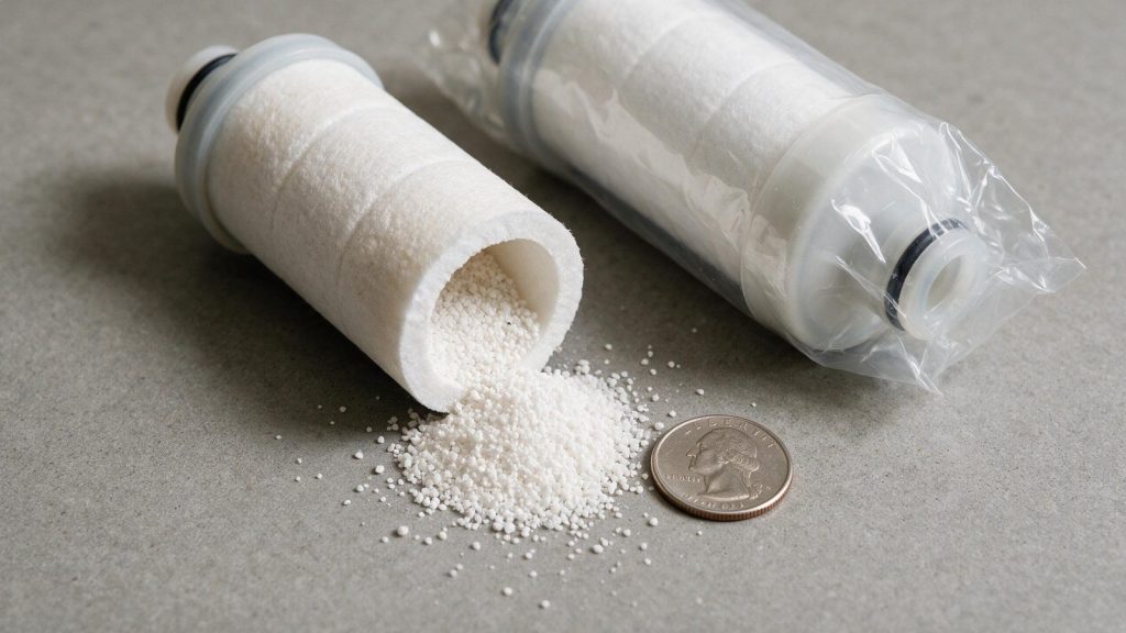 Cut-open remineralization cartridge spilling white calcite granules beside a quarter for scale.
