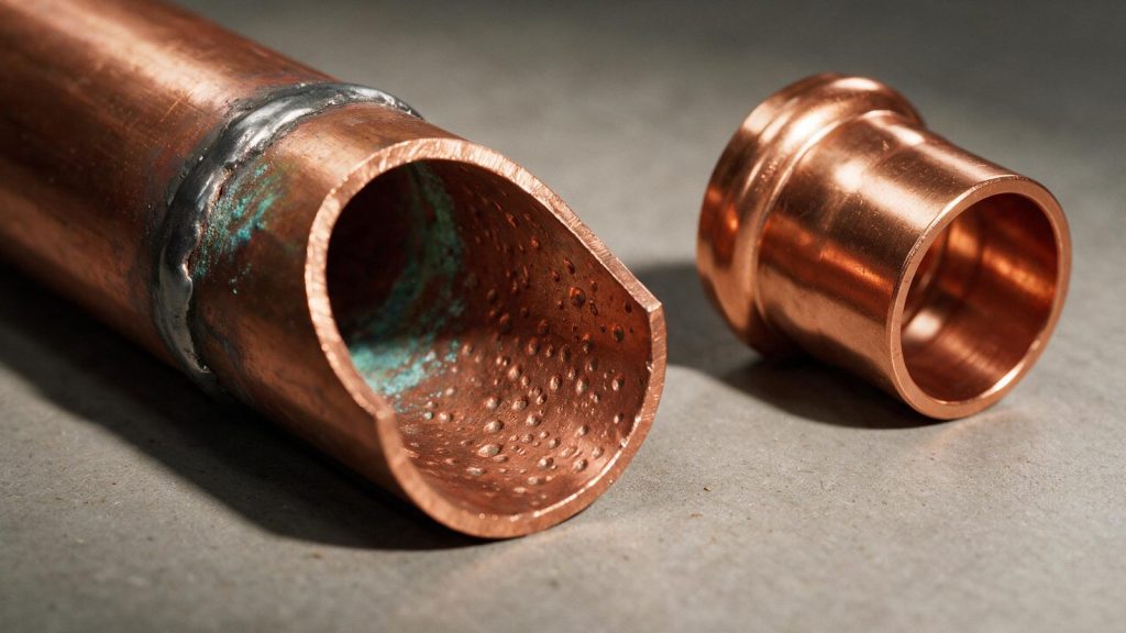 Cut copper water pipe showing interior pitting and green corrosion beside a clean copper fitting
