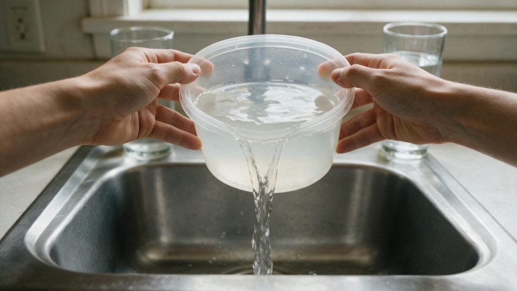 Two hands pouring a cloudy plastic container of waste water into a stainless steel kitchen sink