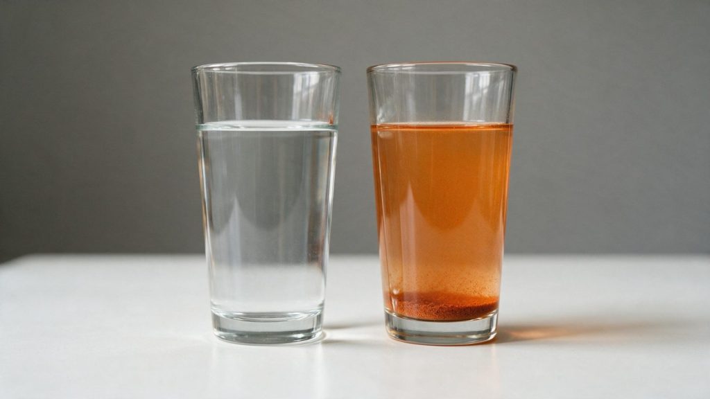 Two glasses of well water side by side, one clear, one turned rust orange