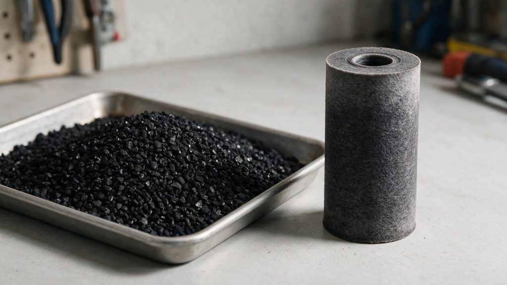 Loose black granular activated carbon in a tray next to a gray carbon block cartridge