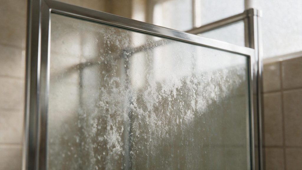 White mineral film and water spots covering the lower half of a glass shower door