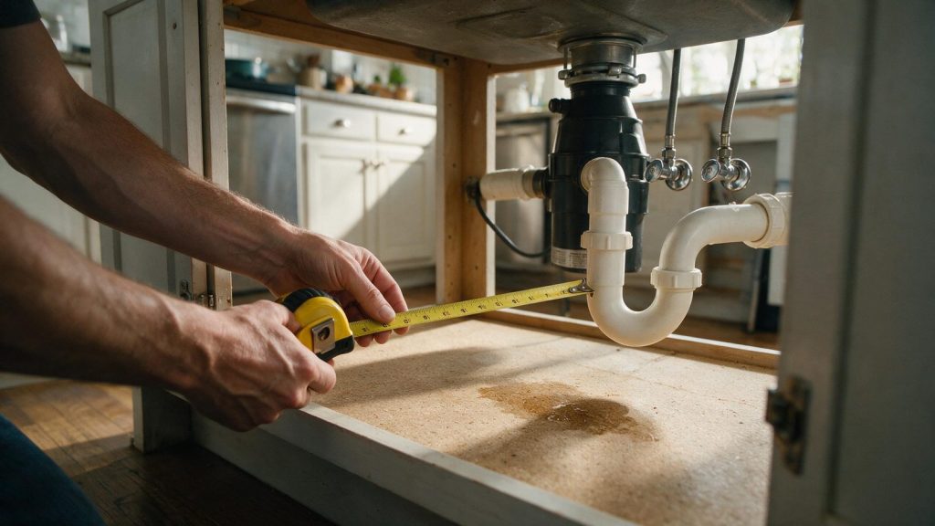 Hands stretching a yellow tape measure across the floor of an open sink base cabinet