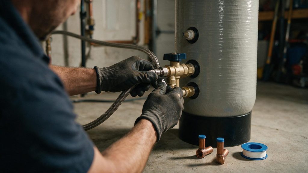 Gloved hands tightening a connector on a water softener bypass valve above copper stub-outs