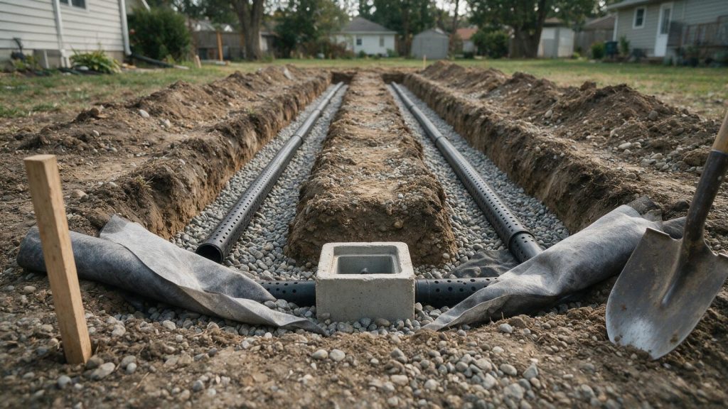 Open drainfield trench with perforated pipe on washed stone and a concrete distribution box at the head