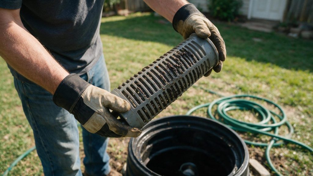 Gloved hands hold a slotted plastic septic effluent filter beside an open riser opening
