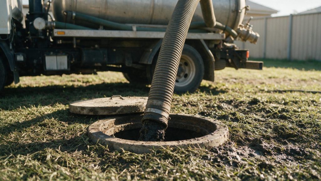 Vacuum truck hose lowered into an open concrete septic tank lid during pumping