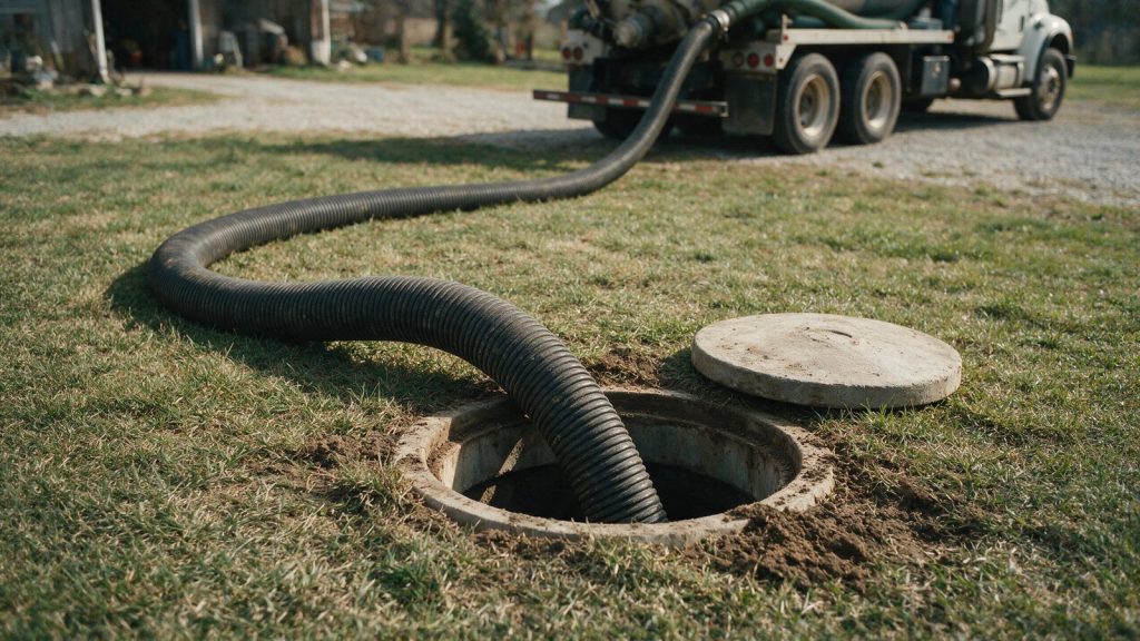 Black corrugated vacuum hose running across a lawn into an open concrete septic tank