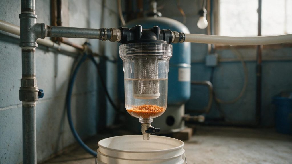 Clear spin-down canister with a stainless mesh screen and orange grit settled above the flush valve