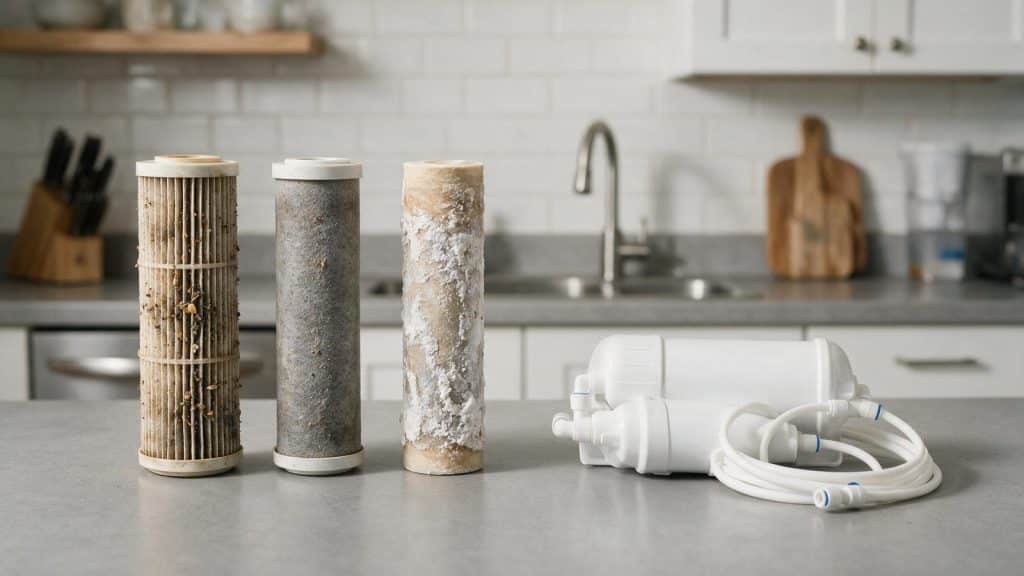 Three used filter cartridges beside a compact reverse osmosis membrane housing on a gray countertop