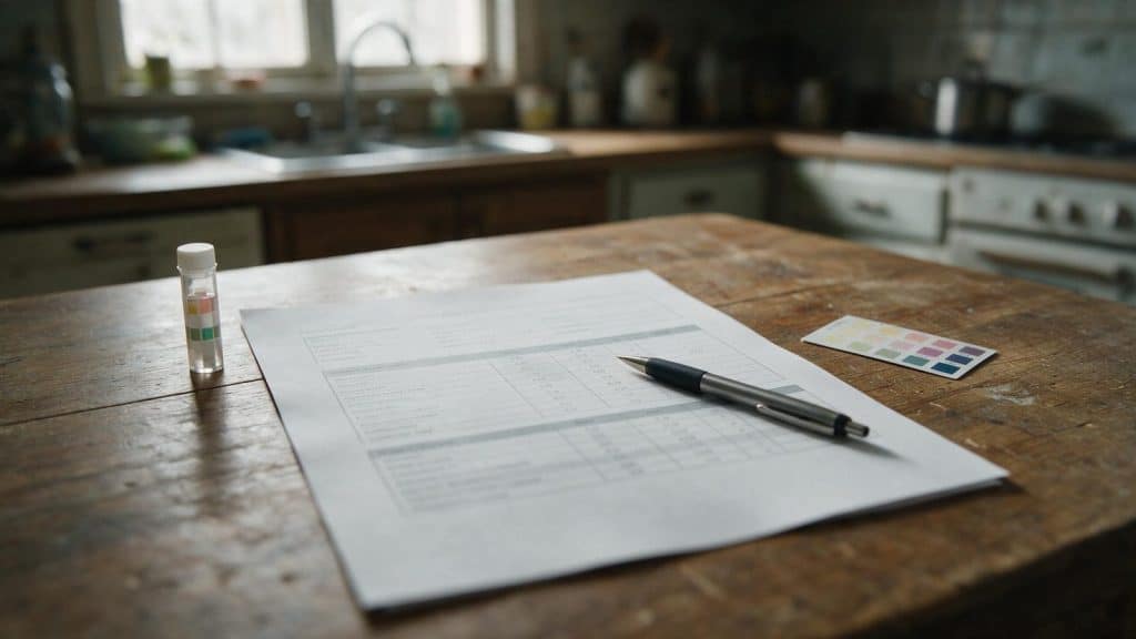 Printed water analysis report on a kitchen table beside a pen and test strips