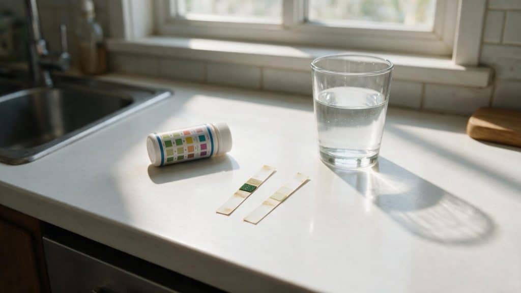Two used water hardness test strips on a white counter beside a strip bottle and glass