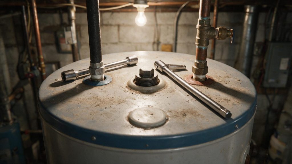 Top of a residential water heater showing the hex-head anode port and corroded pipe fittings