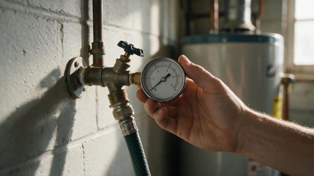 Hand holding a round analog water pressure gauge screwed onto a laundry room hose bib
