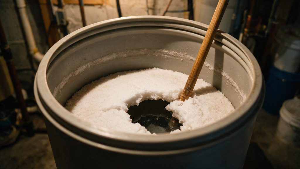 Hardened white salt crust spanning a brine tank, broken open above dark standing water