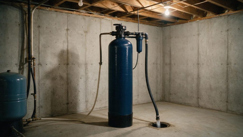 Media filter tank with top-mounted control valve and drain line in a concrete basement