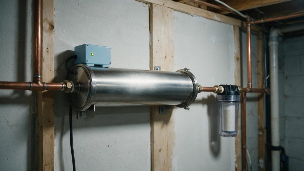 Stainless UV chamber on a basement wall with copper lines and a sediment filter upstream