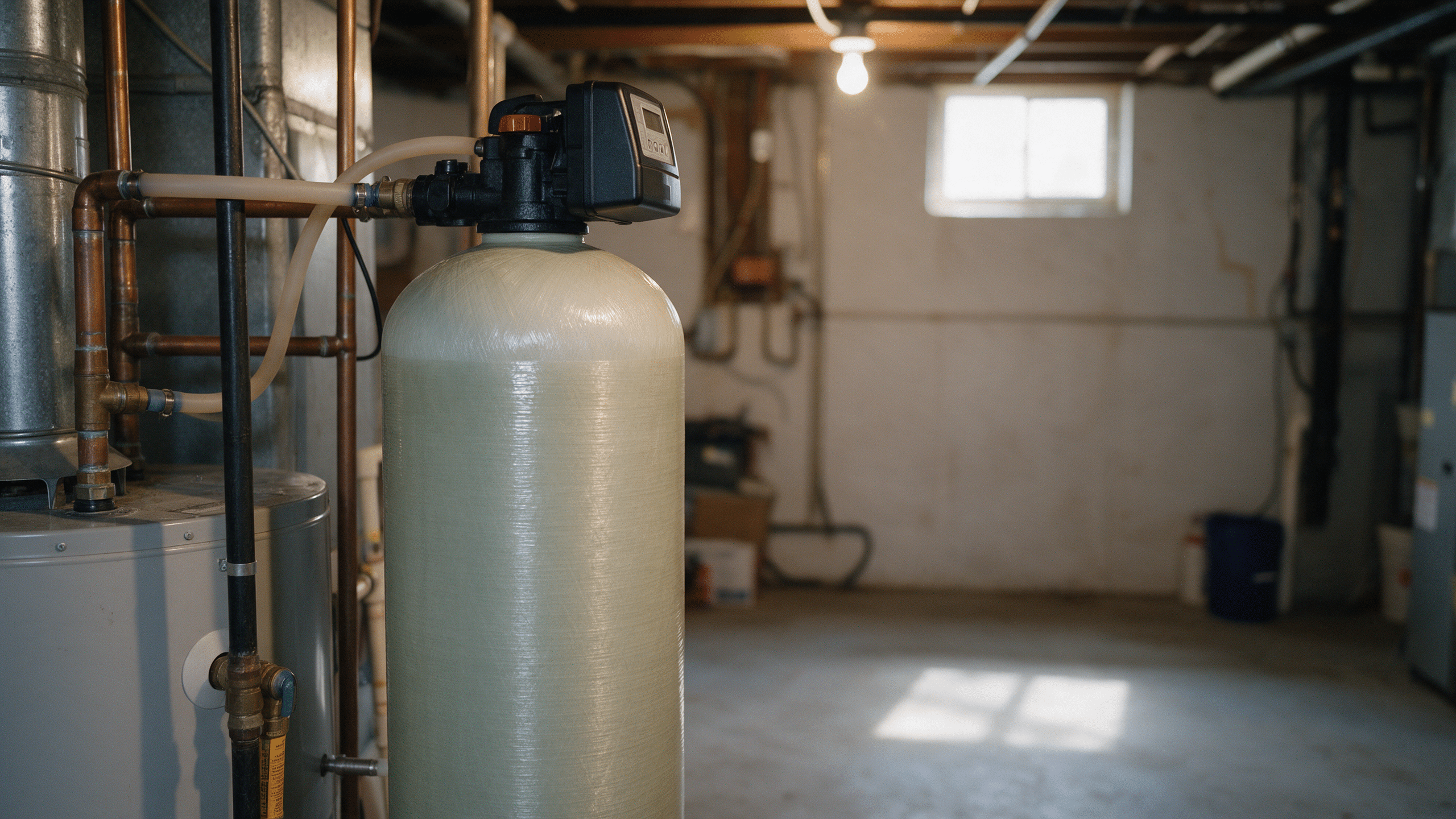 Whole-house backwashing filter tank standing beside a water heater in a home basement utility area
