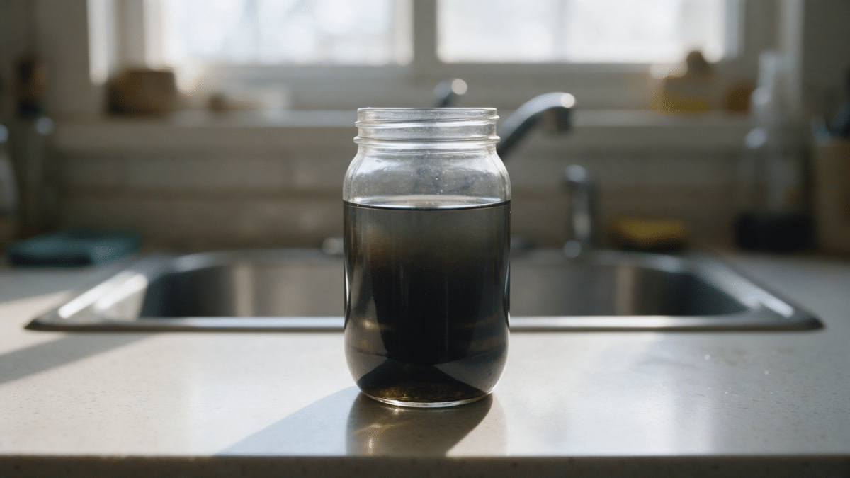 Dark-tinted well water sample settling in a glass jar on a kitchen counter