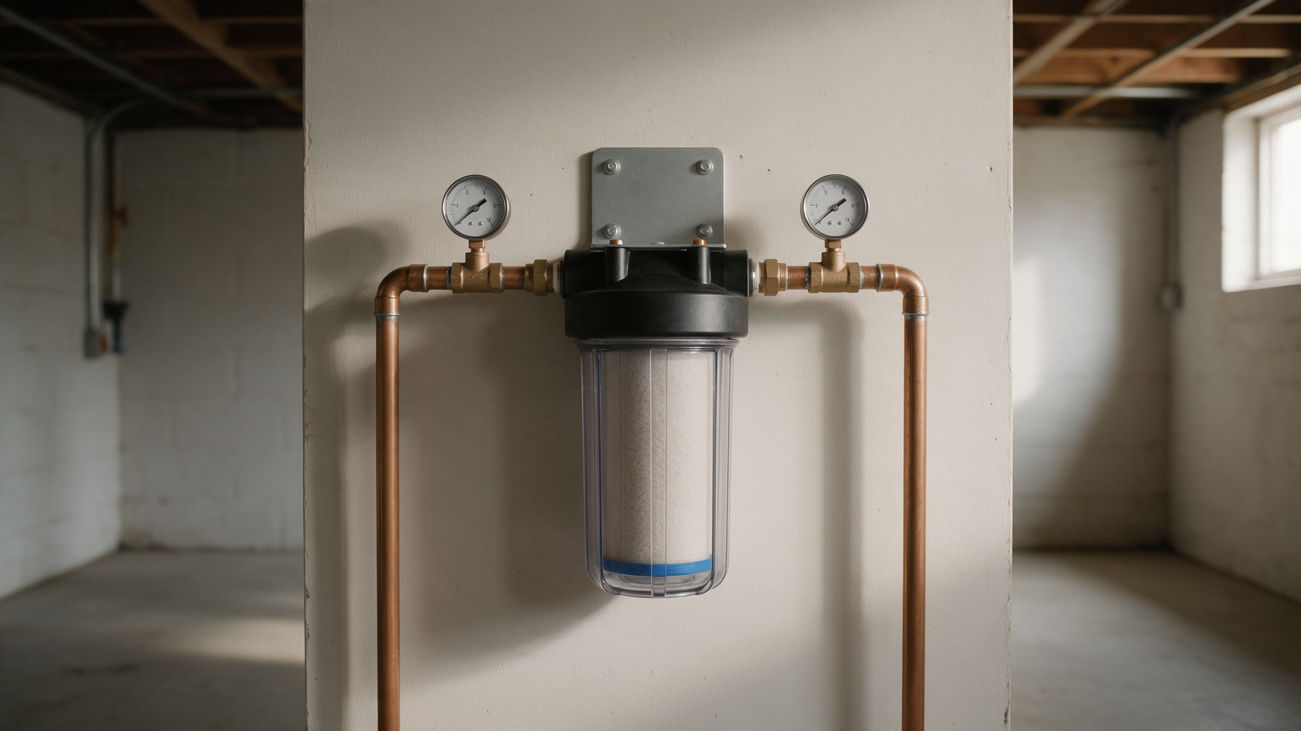 Wall-mounted clear filter housing with a pressure gauge on the inlet and outlet copper pipes in an unfinished basement