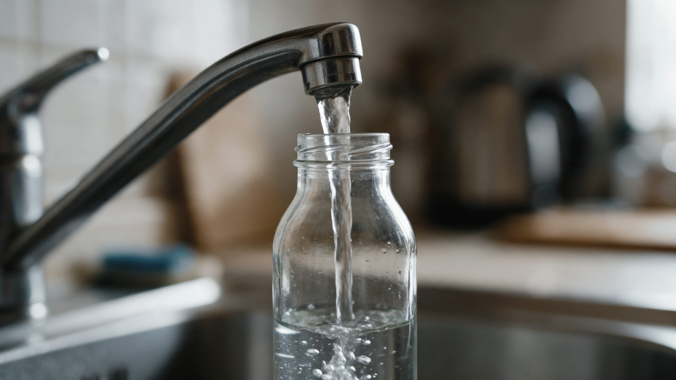 Clear glass water sample bottle filling under a kitchen faucet with the tap running