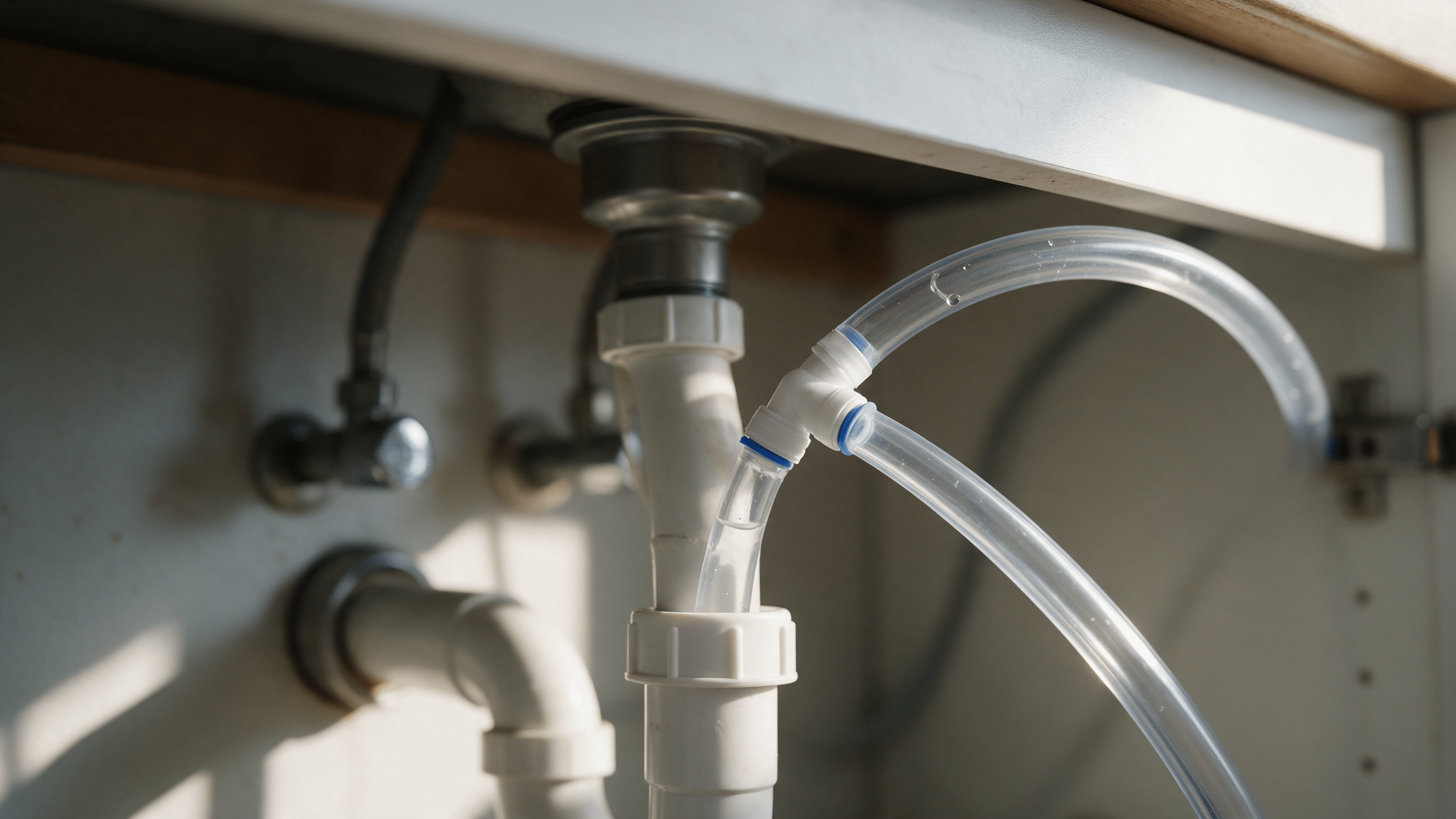 Clear reverse osmosis drain tubing connected to a sink drain pipe inside a cabinet