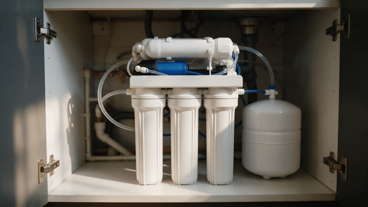 Five-stage under-sink reverse osmosis system with filter housings and a small pressurized storage tank